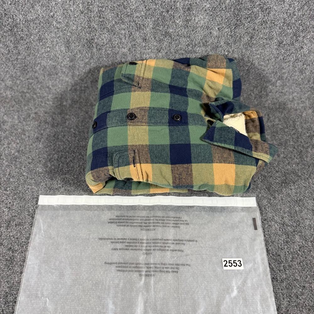 J.Crew BI933 Sherpa Lined Flannel Shirt Jacket Mens L Green Plaid Shacket - Picture 13 of 13